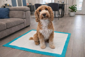 brown dog sitting on a super absorbent training pad by Shabbee Dog Care