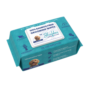 A package of 100 Shabbee Dog Care 100% Bamboo Fibre Grooming Wipes, shown at a three-quarter angle on a clean white background.
