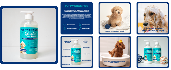 A promotional collage for Puppy Shampoo by Shabbee Dog Care, showing the product bottle, a product facts panel, and several dog photos demonstrating use on different dog breeds.