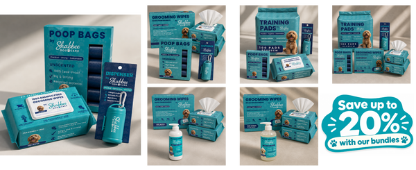 A collage showing multiple teal and navy pet care product bundles from Shabbee dog care, including poop bags, training pads, grooming wipes, and a bottle, with a promotional badge reading 'Save up to 20% with our bundles'.