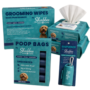 Shabbee Dog Care grooming wipes and poop bags bundle for dogs, featuring teal packaging, a poop bag dispenser, and a tissue box on a white background.