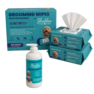 Shabbee Dog Care grooming wipes and shampoo bundle, featuring a teal box of 400 bamboo grooming wipes, a bottle of 2-in-1 dog shampoo, and four packs of wipes with tissue dispensers, all on a white background.