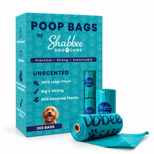 Shabbee Dog Care unscented poop bags set, showing the teal packaging box, a roll of bags, and an individual bag on a clean white background.