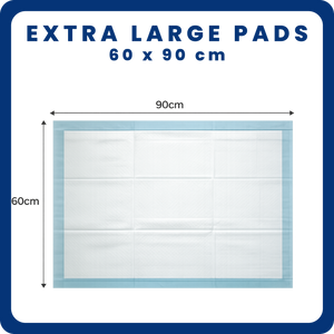 Extra large pads, 60 x 90 cm, shown as a white rectangular pad with a light blue border on a white background with blue text and arrows indicating dimensions.