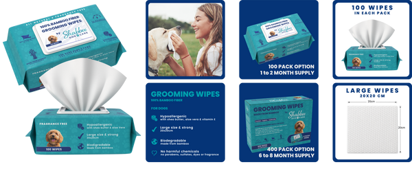 A promotional collage for dog grooming wipes by Shabbee Dog Care, showing multiple teal packaging views, a woman holding a dog, and informational callouts about 100-wipe and 400-wipe packs plus large wipe size measurements.