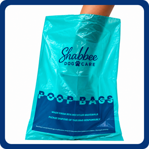 A teal poop bag from Shabbee Dog Care, held by a person's arm against a white background with a blue border.