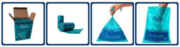 A four-panel product demonstration showing poop bags by Shabbee Dog Care: an open branded box, a roll on a stand, a hand holding a filled bag, and a standing empty bag. The bags are bright aqua/turquoise with darker blue printed branding and text.