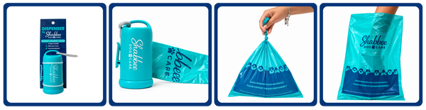 Four-panel product display for Shabbee dog care poop bags. The panels show the bag packaging, a turquoise reusable bag with a handle, a hand holding a gathered bag, and a flat view of the bag with printed branding.
