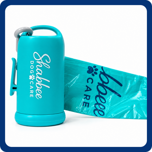 A teal pet leash and matching bag set from Shabbee Dog Care, displayed on a clean white background with a blue border. The leash is attached to the canister, and the bag is partially extended behind it.